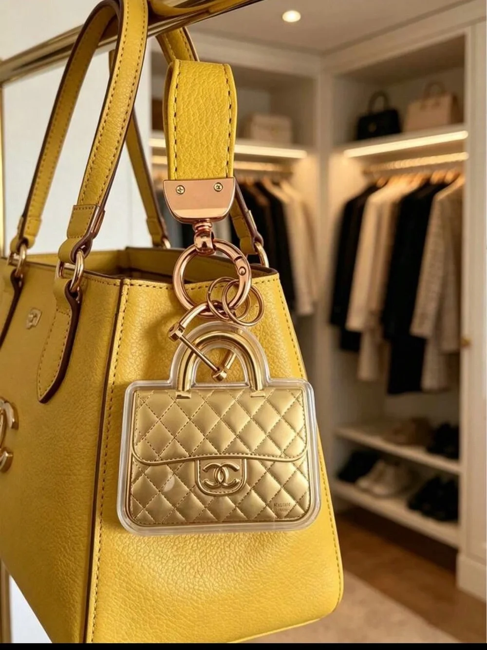 Gold Quilted Handbag Key Holder with Yellow Strap